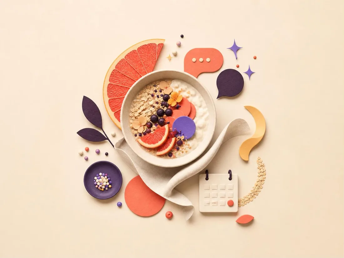 Colourful breakfast bowl arranged with playful shapes